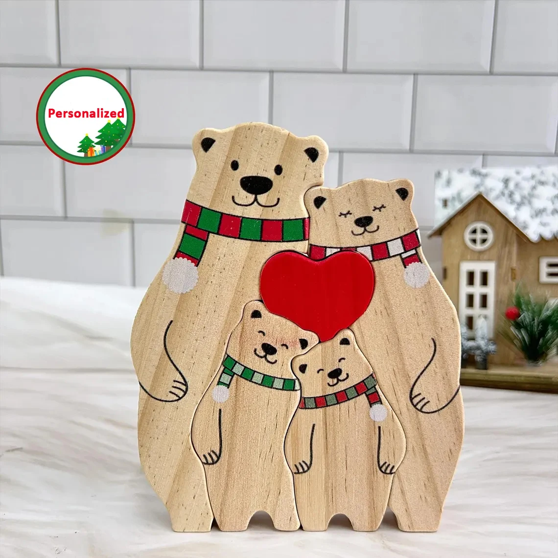 

Colorful Scarf Bear Christmas Wooden Bear Family Puzzle Personalized Names Hugging Bears Ornaments Decor Custom Gift For Parents