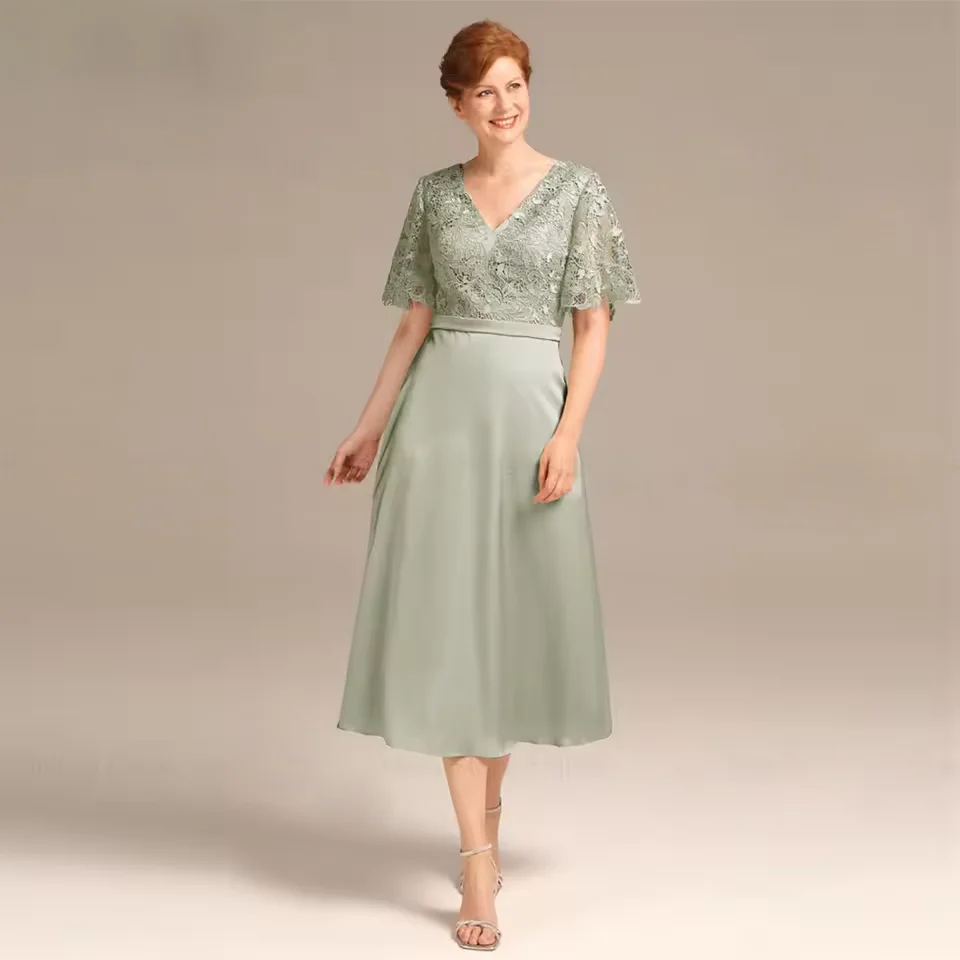 

Customized Mother of The Bride Dress Elegant Short Sleeves V-neck Appliques Lace Wedding Guest dress For Women Evening Dress