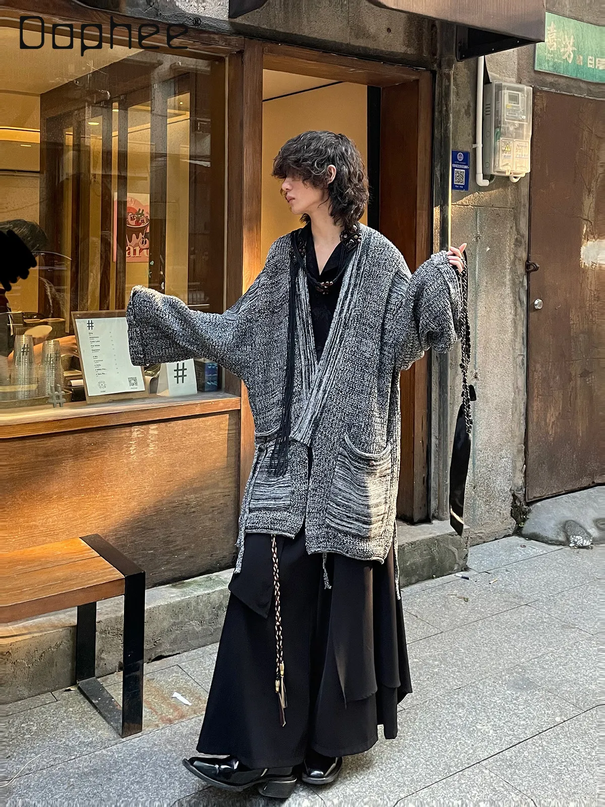2025 Japanese Retro Style Autumn Winter Men's Lace-Up Large Pocket Design Loose Casual Gray Knitted Sweater Cardigan