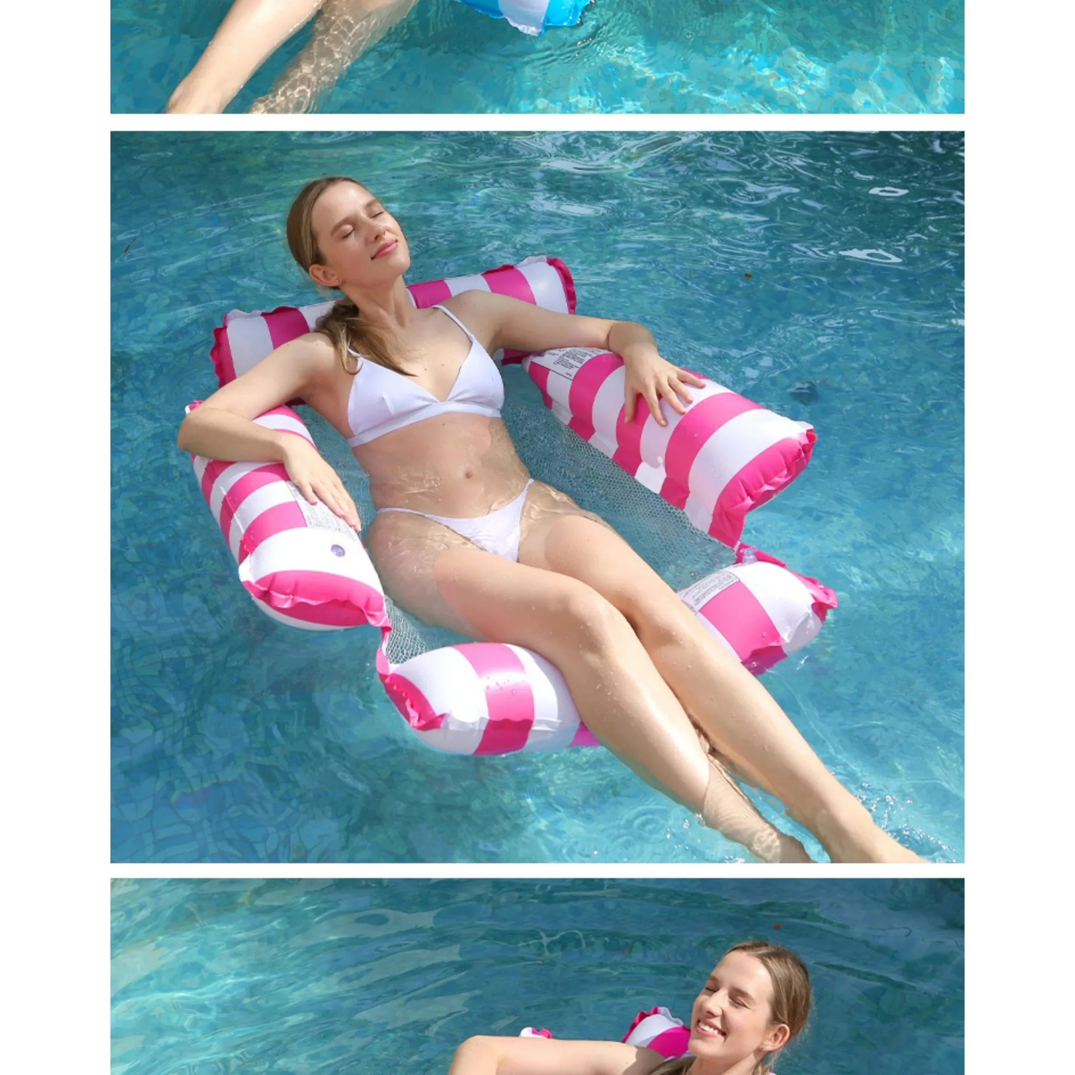 Colchón Inflable de Malla a Rayas de 4 Tubos, Colchón de Aire Plegable, Hamaca Flotante para Piscina y Diversión Acuática