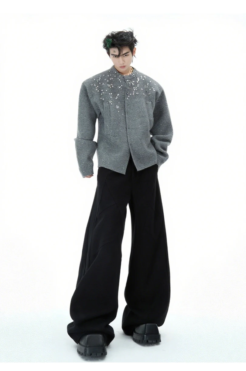 2025 Japanese Style INS Fashion Heavy Embellished Cardigan Sweater for Men Autumn Loose Handsome Casual High-end Knitted Jacket