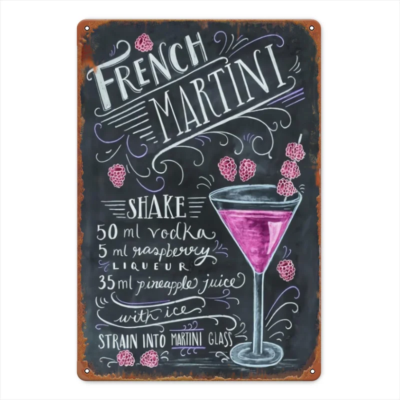 French Martini Vintage Metal Tin Sign - Retro Cocktail Wall Decor for Man Cave, Bar, 12x8 Inches, Perfect for Room Decor