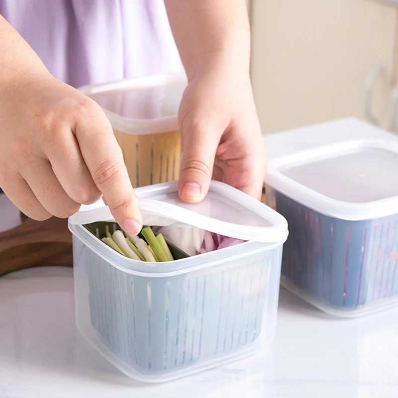 Refrigerator Storage Box 2 Grids Food Fruit Storage Box Portable Compartment Fridge Organizer Drain Basket Meat Onion Crisper