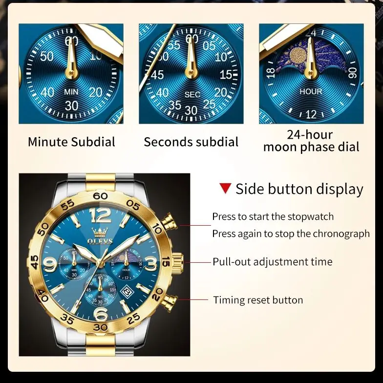 OLEVS 3678 ساعة رجالية فاخرة تاريخ تلقائي مقاوم للماء مضيئة كرونوغراف من الفولاذ المقاوم للصدأ مرحلة القمر ساعة كوارتز رياضية للرجال