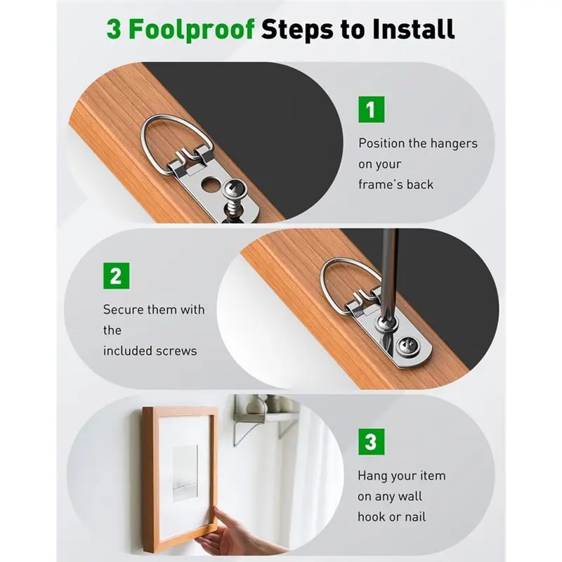 AA73 D Ring Picture Hangers(60 Pcs) With Screws, 18 Kg Load Heavy Duty Hardware, Double Holes Hooks