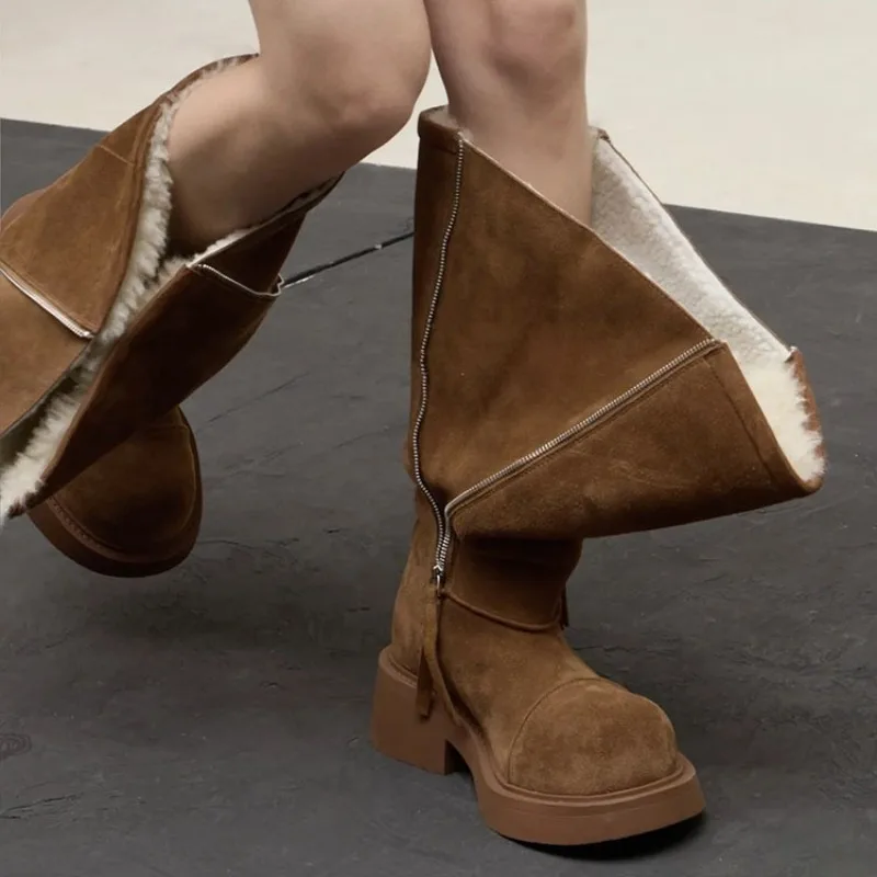 

European and American retro large walled long tube snow boots for women, autumn and winter with plush warm stacking boots