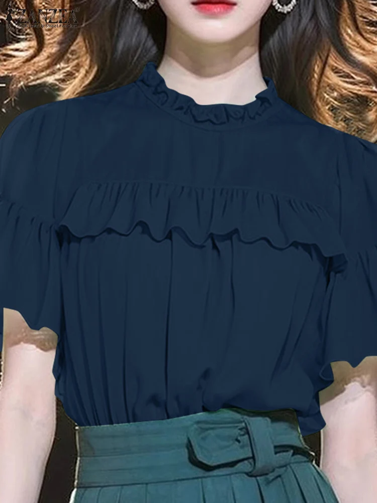 

Женская летняя Элегантная блузка ZANZEA 2024, модная шикарная туника с оборками и коротким рукавом, винтажная блузка, сетчатая прозрачная блузка с круглым вырезом