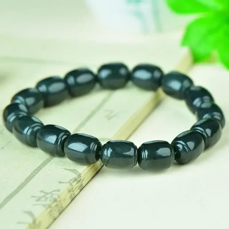 

Natural Green Jade Bracelet Men Women Fine Jewelry Real Chinese Nephrite Hetian Jades Barrel Beads Elastic Bracelets Bangles