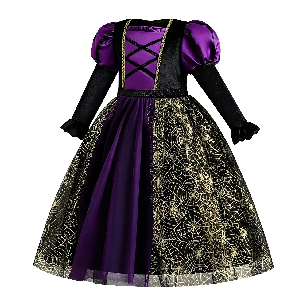 Kids Gothic Witch Cosplay Costume Black Purple Long Sleeve Dress For Girls Evil Queen Halloween Carnival Fancy Dress