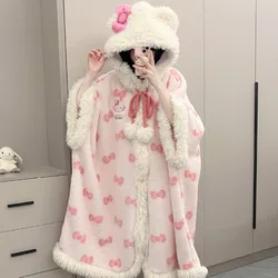 New Sanrio Hello Kitty cartoon girl heart plus velvet thickened pajamas creative kawaii warm home wear hooded cloak bathrobe