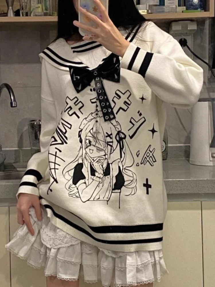 Stile Preppy Cartoon Jacquard Maglione lavorato a maglia Donna Causale Allentato Y2K Estetico Pullover Stile Preppy Colletto alla marinara Maglioni Top