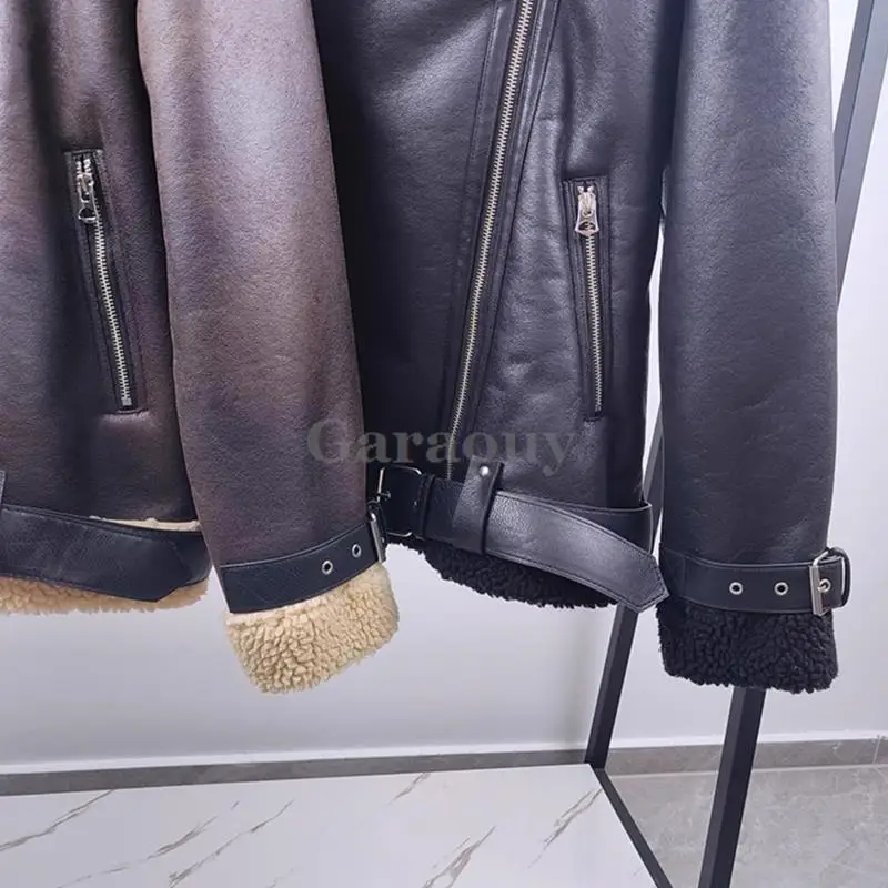 Garaouy 2023 Winter Women Faux Leather Lambswool Lapel Zip Motorcycle Jacket Female Oversized Casual Thick Warm Pu Coat Outwear