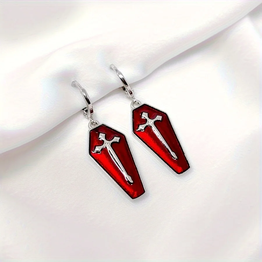 Gothic Enamel Cross Coffin Golden Ear Loops Jesus Jewelry Hip Hop Punk Tombstone Earrings  Funeral Jewelry Gifts