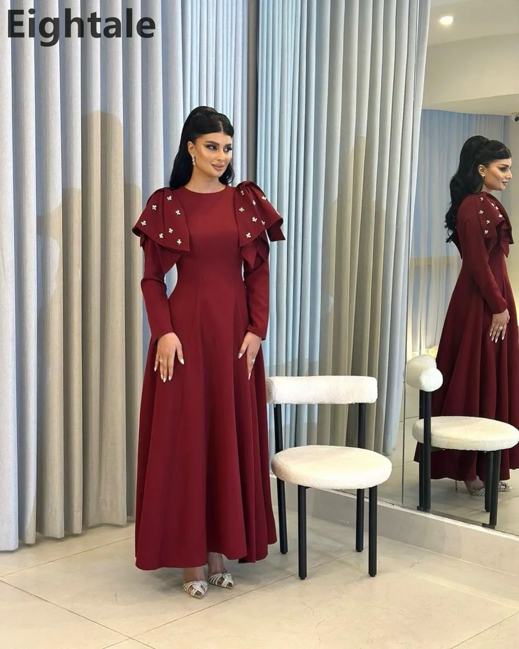 Eightale 2025 A Line Abito da sera in raso bordeaux Manica lunga O Collo Abito da ballo Abito da festa arabo saudita personalizzato