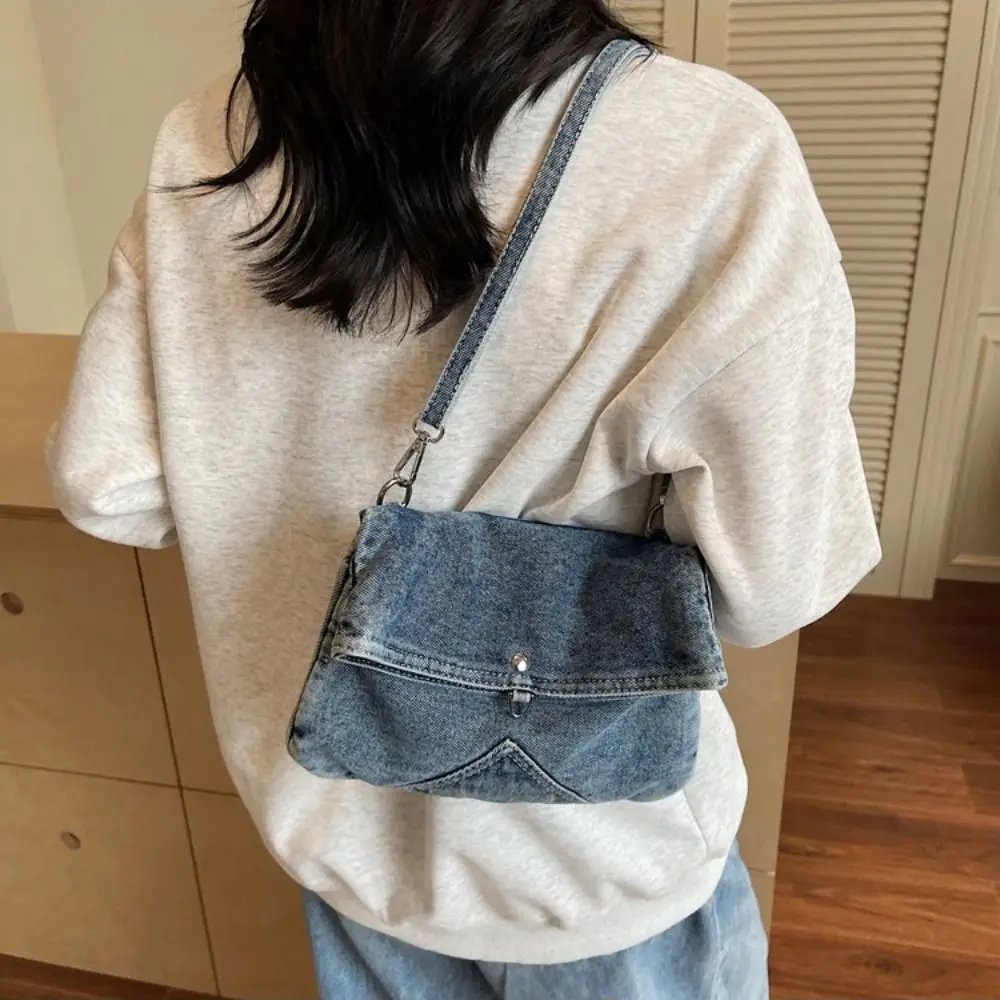 Y2K Washed Denim Canvas Bag Street Style Large Capacity Vintage Handbag Shopping Bag Messenger Bag Solid Crossbody Bag Girl