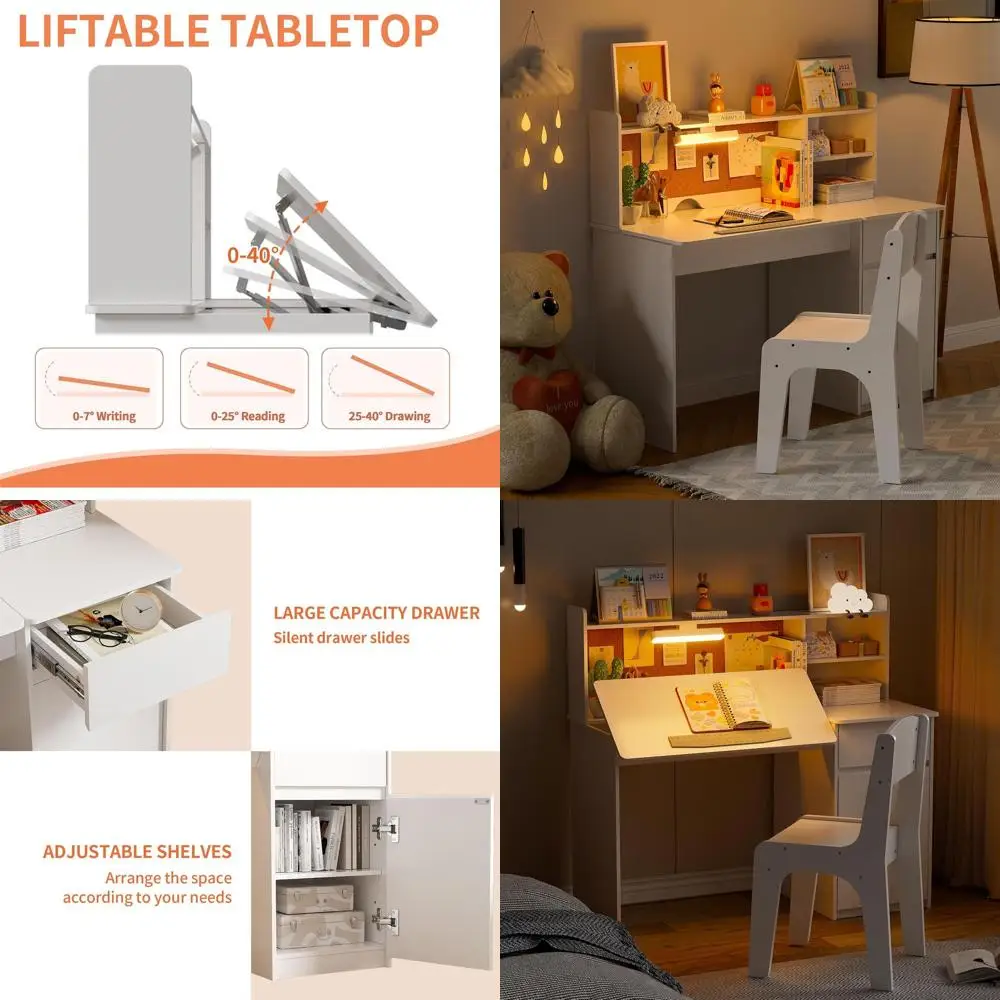 

Детский учебный стол и стул с многофункциональным столом, 3-цветной LED-подсветкой и шкафом для хранения, для детей 5-12 лет