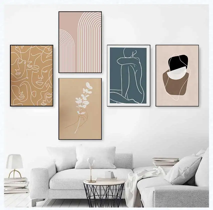 Skandinavisches, modernes, minimalistisches weibliches Gesicht, Landschaft, geometrische Linie, Wanddekoration, Zuhause, Schlafzimmer, abstrakte Kunst, Poster, rahmenlos