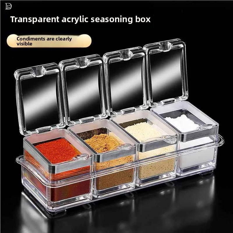 

Acrylic Seasoning Box Cover Kitchen Salt Sugar Flavor Four ids Inteated Multi-id Commercial Storage Box for Home Use