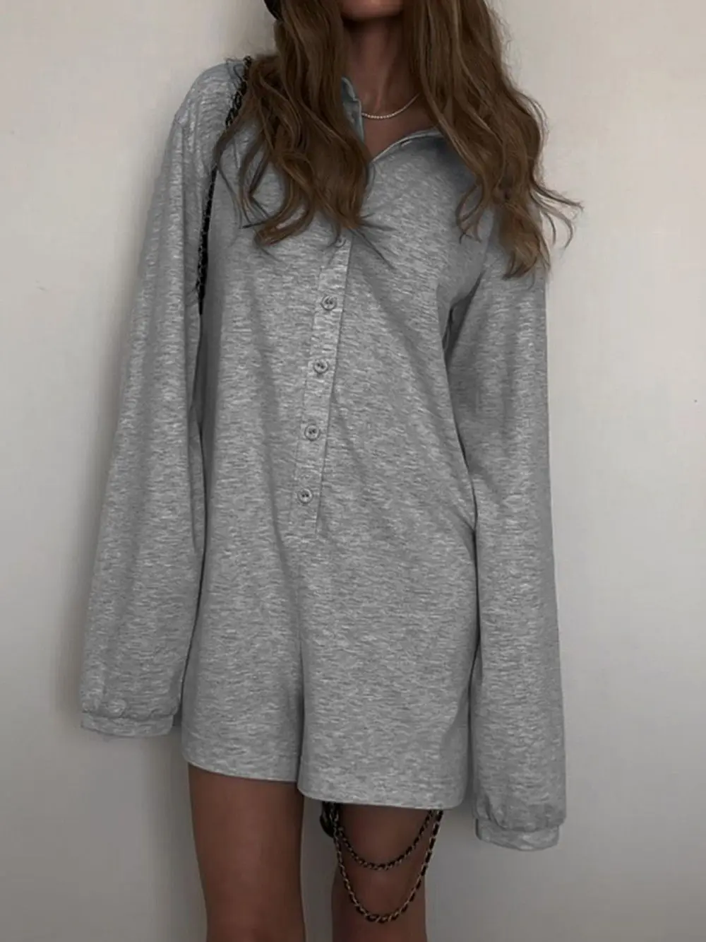 

Elegant Long Sleeve Jumpsuits Polo Collar Streetwear Grey Rompers Fashion Women Short Playsuits Y2k Aesthetic Female Outfits