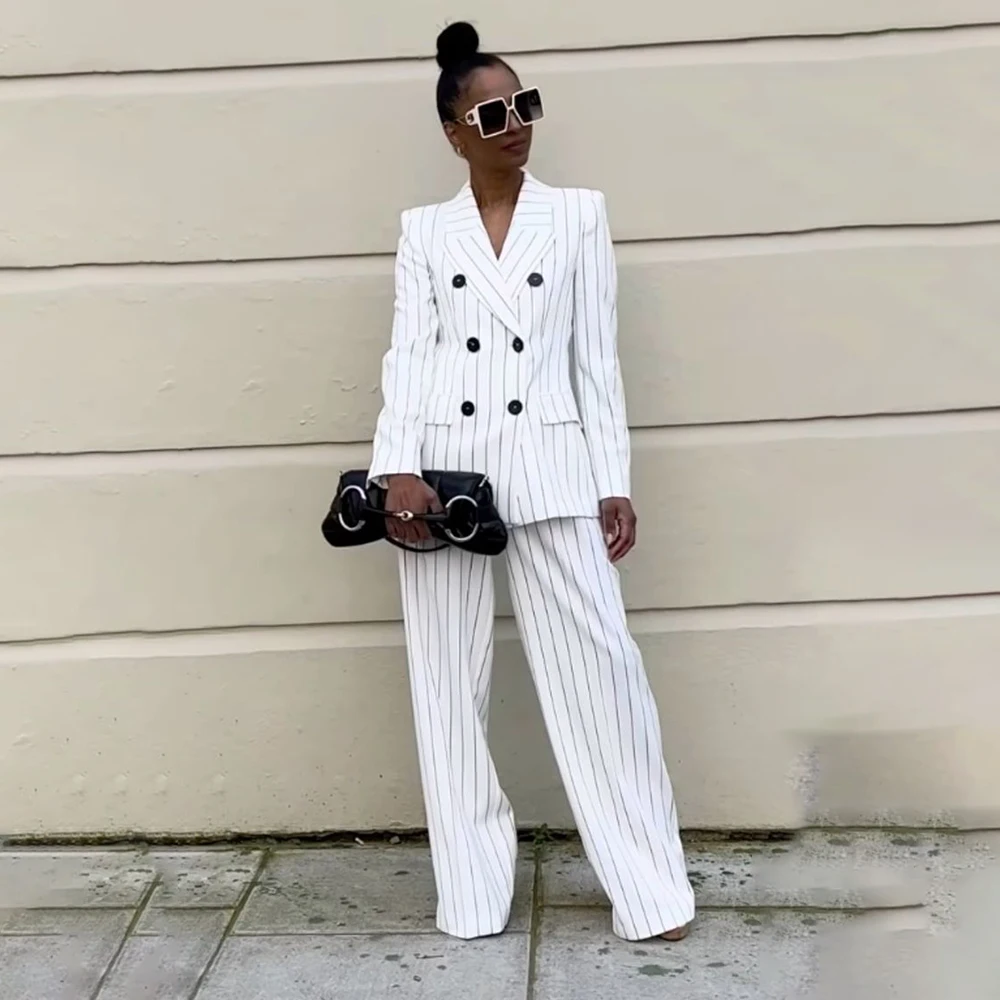 

Elegant Stripe Women Suits High Quality Double Breasted Peak Lapel Slim Fit 2 Piece Jacket Pants Elegant Business Female Outfits