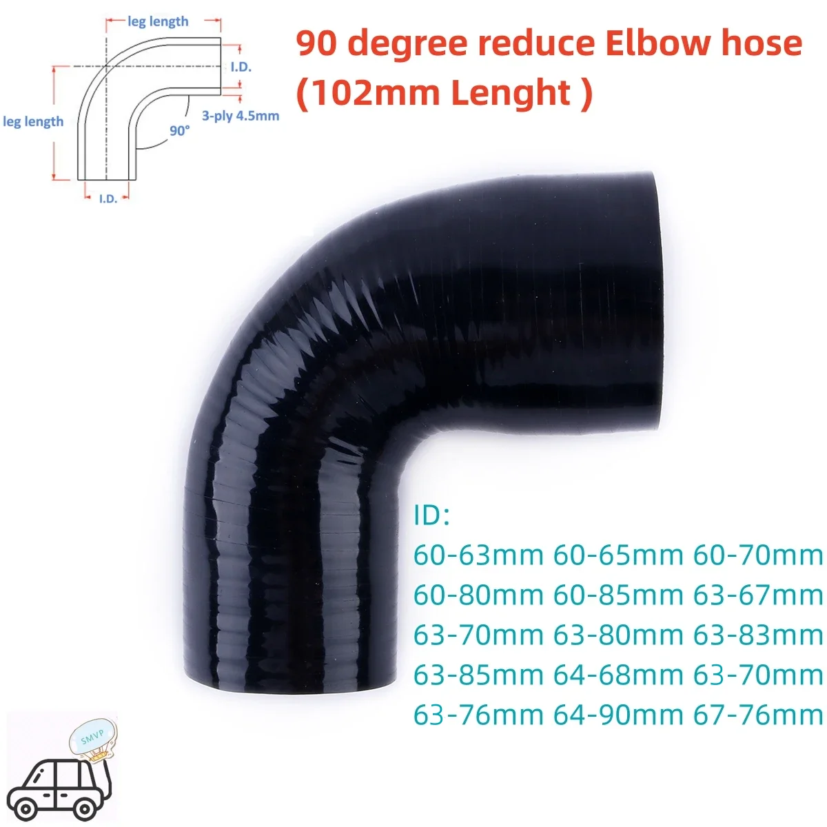 ID 60mm 63mm 64mm 65mm 67mm 70mm 76mm 80mm 83mm 85mm 90mm 90 Degree reduce Elbow General Silicone Coolant Intercooler Tube Hose