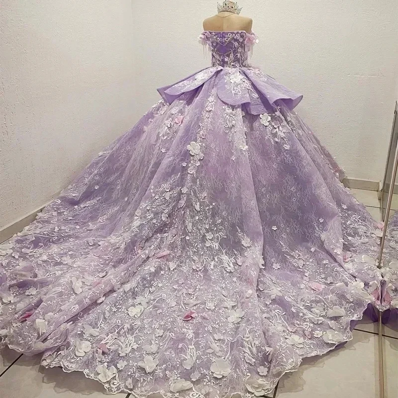 Luxury Lilac Lace Princess Quinceanera Dresses Beading 3D Flowers Vestidos De 15 Anos Birthday Ball Gown Party Prom Corset