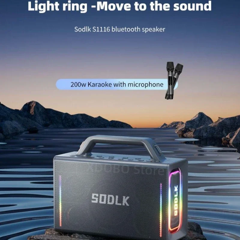 SODLK S1116 Bluetooth Speaker with 10 Hour Playback Dual Wireless Microphone Remote Control 200W High-power Bluetooth 5.3