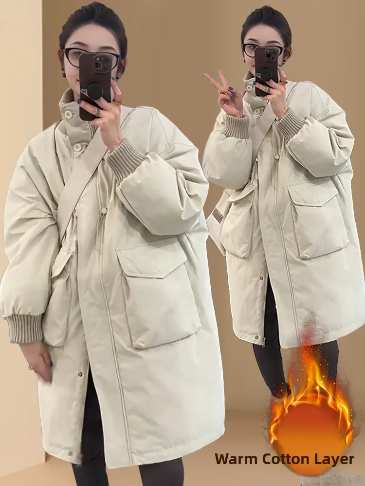 

Хлопковая куртка с высокой талией и молнией, воротником-стойкой и большими карманами для женщин, модная верхняя одежда на осень-зиму