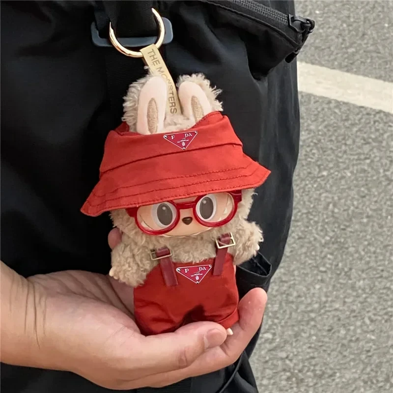 15 17cm For Labubu Mini Doll Clothing Fisherman Hat Overalls Retro Glasses Set Clothes Sitting Party I II Dollhouse Accessories