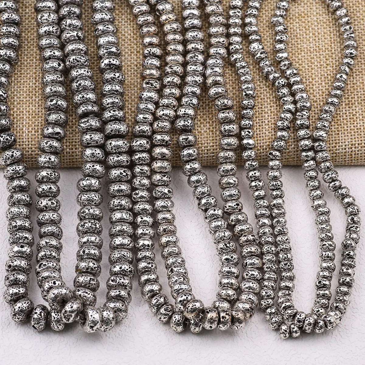 1 Strand 6-10mm Ancient Silver Charm Natural Lava Volcanic Rock Stone Flat Round Spacer Beads For Jewelry Making DIY Bracelets