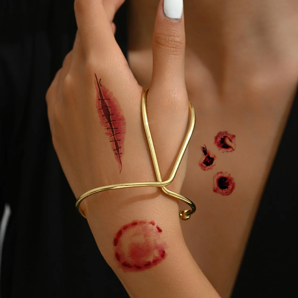 16 Uds. Tatuajes temporales de zombis para Halloween, cicatriz falsa, sangre realista, tatuajes de heridas falsas, impermeables para hombres y mujeres, Maquillaje facial