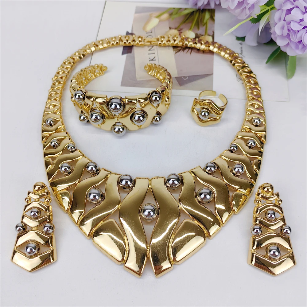 Two Tones Chunky Luxury Collar Necklace Earrings Bracelet Ring Dubai 18K Gold Plated Jewelry Set Bridal Wedding Party Gifts