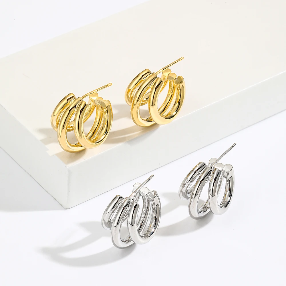 Gold Color Smooth Three Circles Hoop Earrings Exaggerated Thick Tube Round Ear Simple Women Fashion Jewelry Hiphop Rock