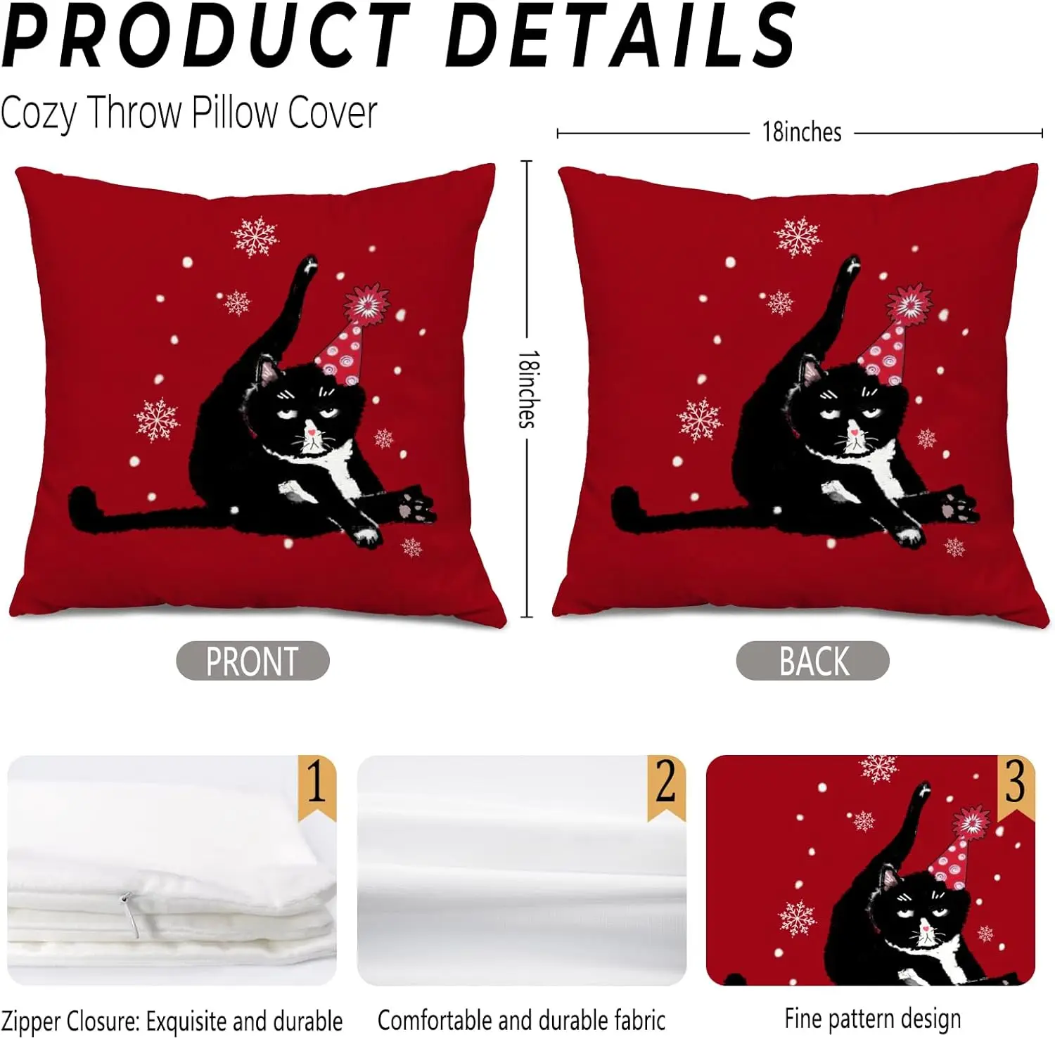 Cojín festivo de gato negro, Navidad - Almohada temática con diseño de copo de nieve