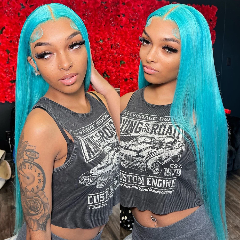 13x6 Light Blue Lace Front Human Hair Wig Preplucked Bone Straight Teal Ocean Blue Color Transparent Lace Frontal Wigs For Women