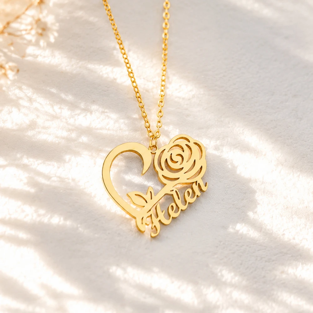 Personalized Name Rose Flower Necklace Custom Nameplat Choker Stainless Steel Necklaces For Women Customized Jewelry Couple Gift