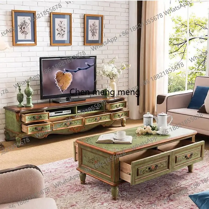 Nordic Green Luxury Tv Cabinet Solid Wood Narrow 180Cm Living Room Tv Stands Storage Vintage Mueble Televisor Furniture Home