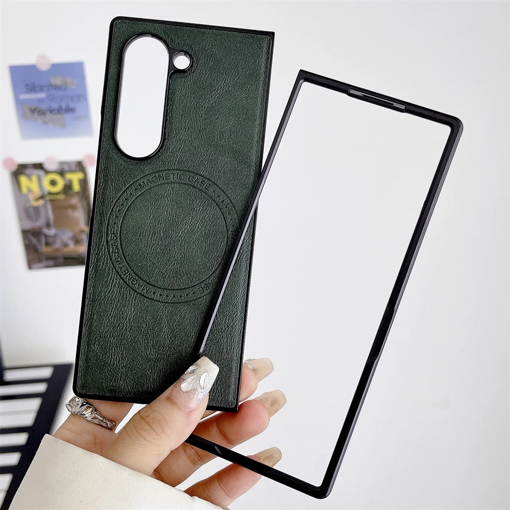 Luxury Cowhide Leather for Magsafe Wireless Charging Magnetic Phone Case For Samsung Galaxy Z Fold 6 5 4 3  Shockproof PU Cover