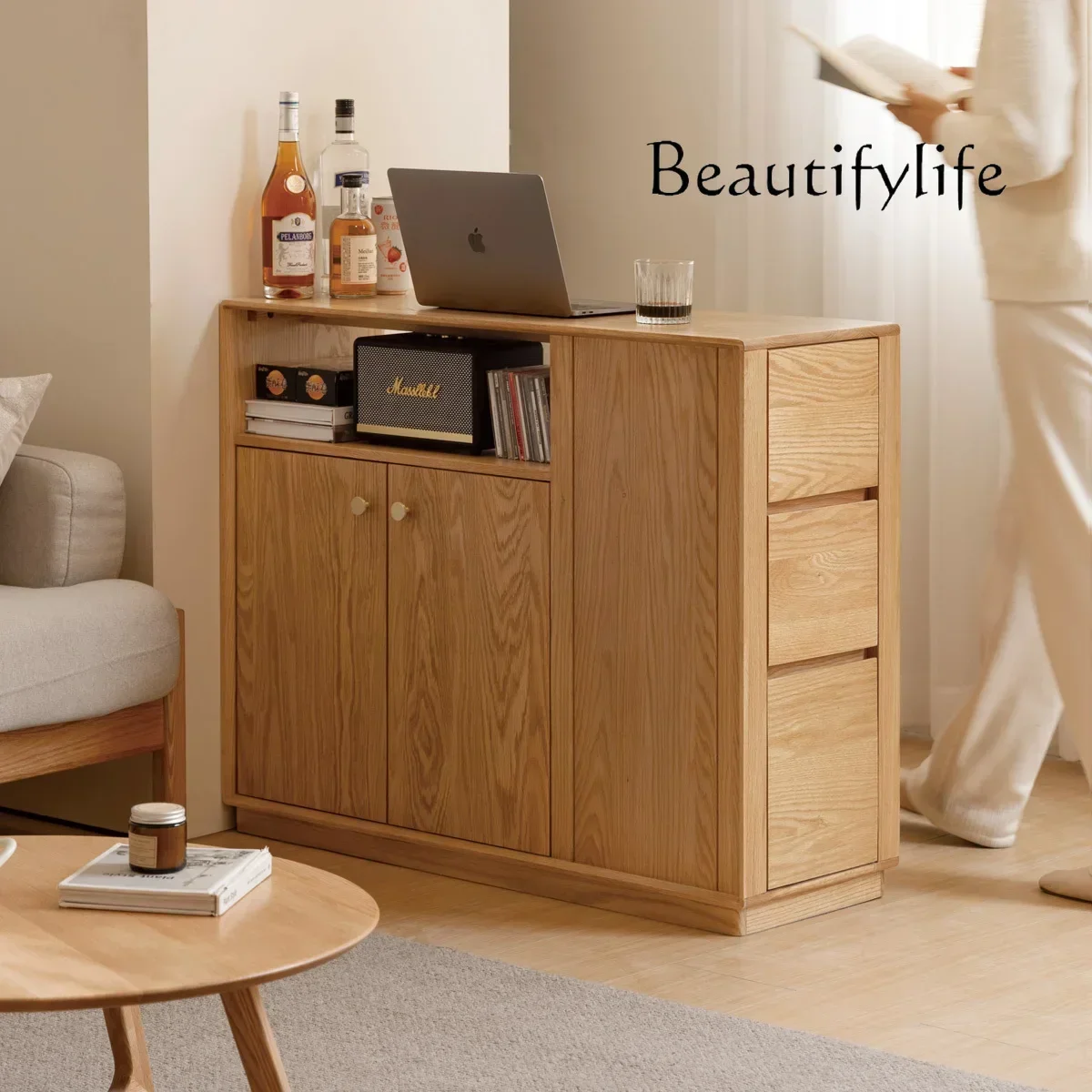 

Nordic medieval solid wood dining side cabinet modern simple partition tea cabinet