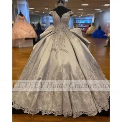 Quinceanera de prata vestidos de cetim com miçangas apliques de lantejoulas querida luxo doce princesa vestidos de baile de 15 años