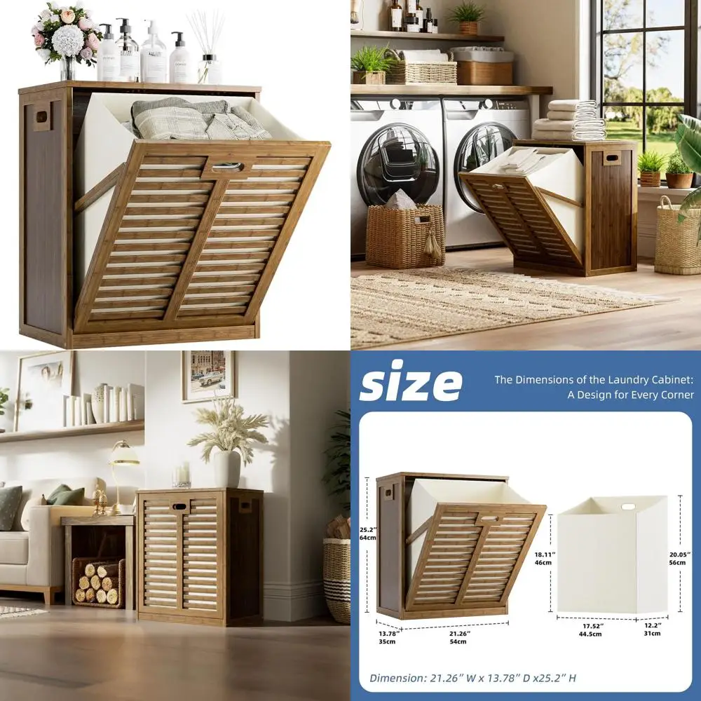 

Отдельностоящая наклонная корзина для белья из орехового дерева со съемной корзиной и трехсторонними вырезами.