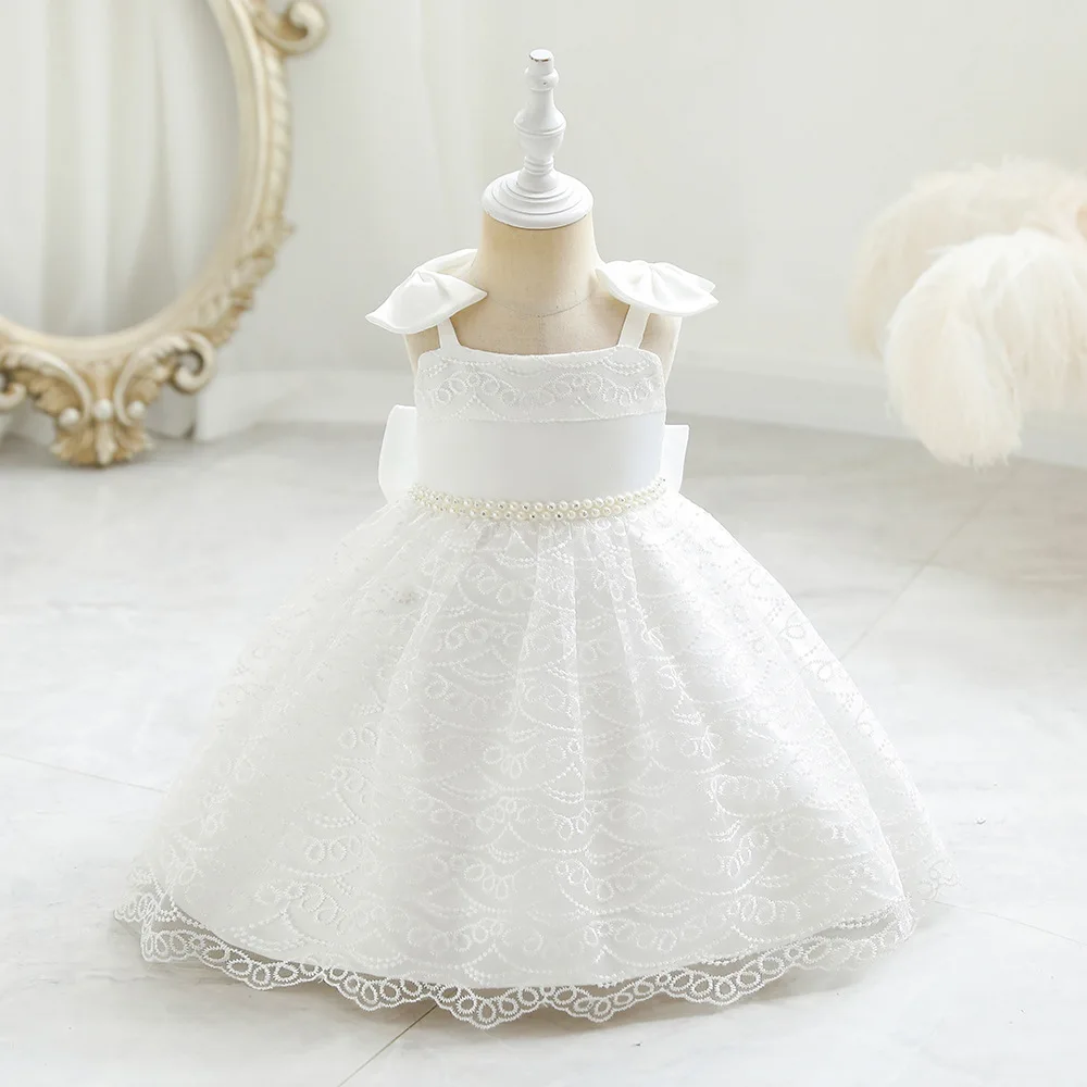 Lace Flower Baby Girls Dress Pearl Sashes Sling Bow White Birthday Clothes New Born Summer Kids Wedding Gown Christmas 1-5 Years