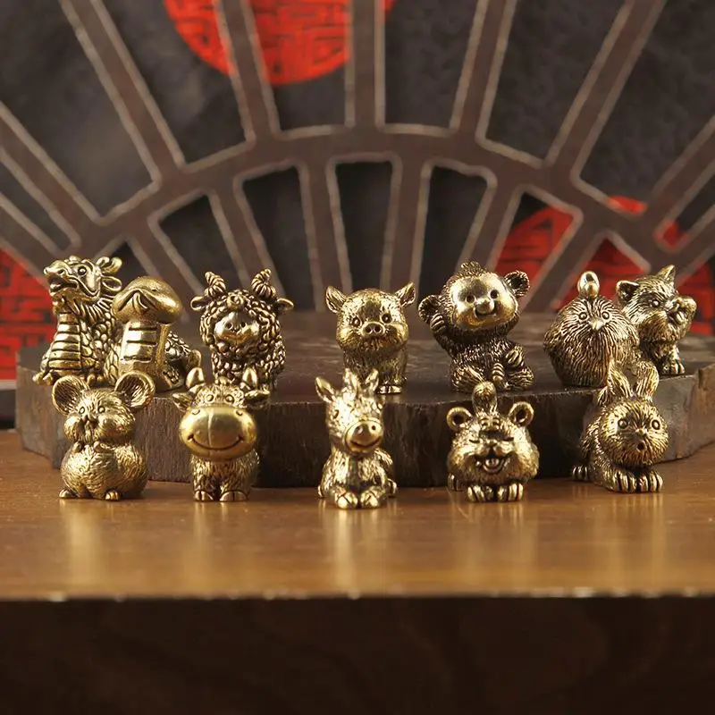 Brass 12 Zodiac Animal Head Sculpture Small Statue Desktop Ornaments Vintage Beast Figurines Mini Lucky Home Decorations Crafts