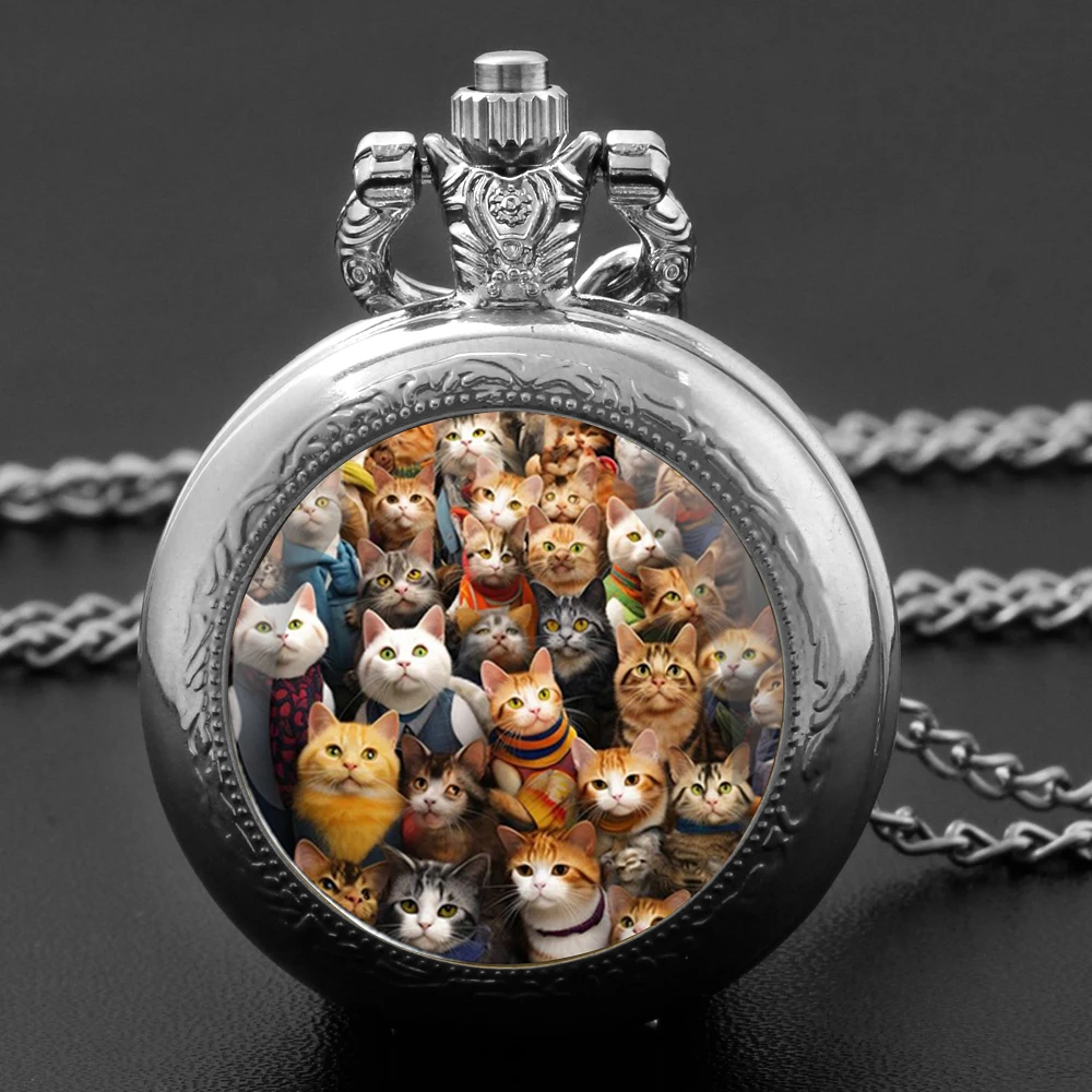 Leuke Katten Vintage Quartz Zakhorloge Vrouwen Mannen Glazen Koepel Ketting Unieke Hanger Zilveren Klok Horloge Kids Gift Accessoires