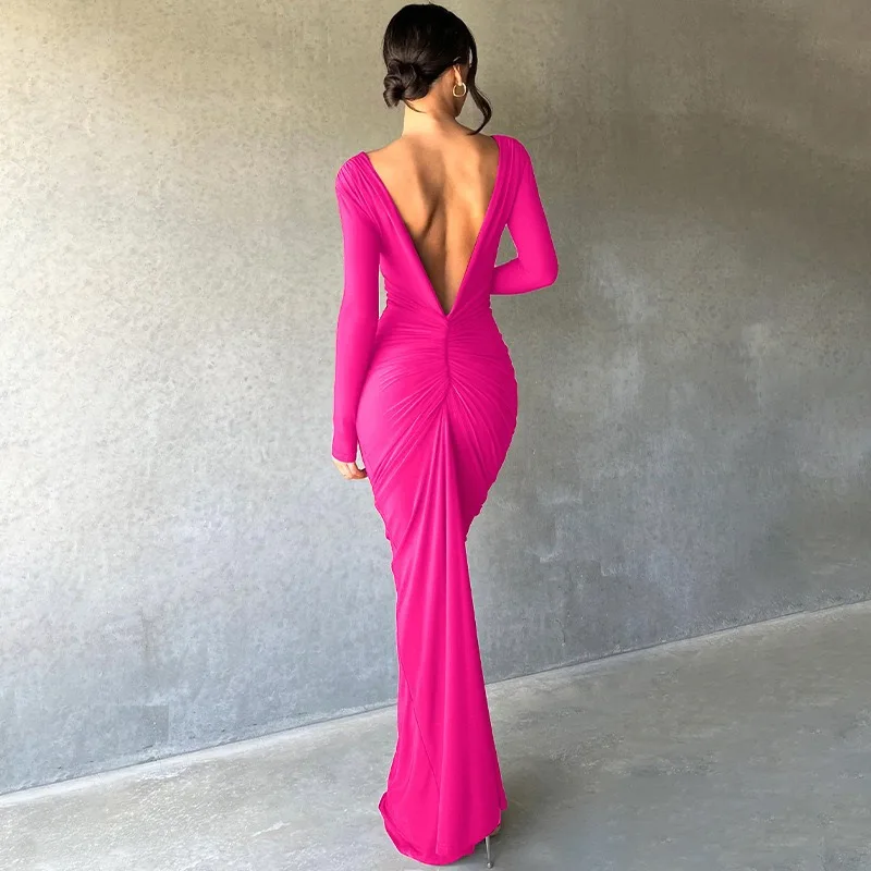 European and American Sexy Women's Winter Reversible Evening Dress Pleated Long Sleeved Backless Long Style Dress With