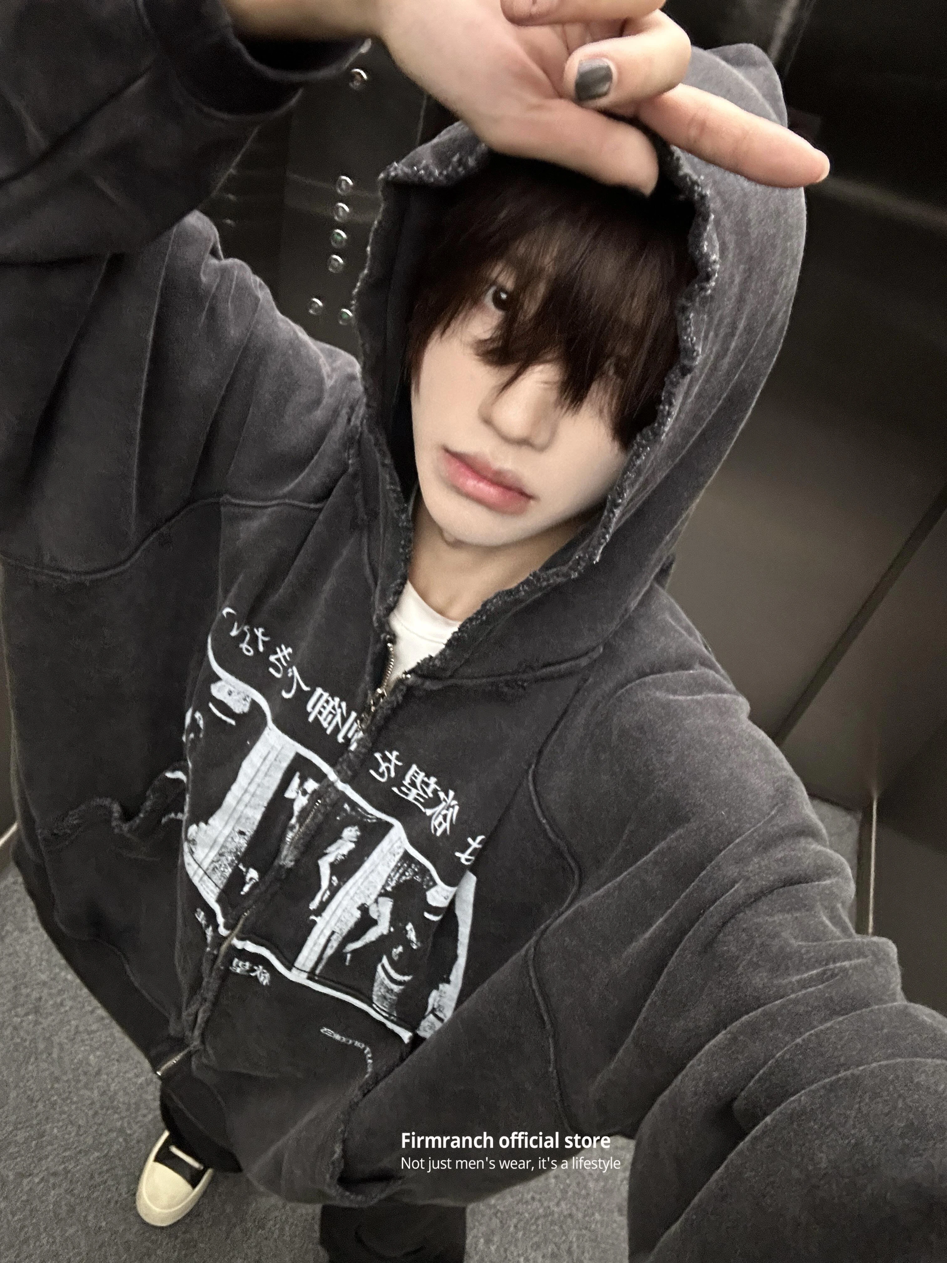Firmranch 2Korean Vintage High-Street Distressed Washed Ripped Zip-Up Hoodie For Men Women Cleanfit Trend Outerwear Sweatshirt