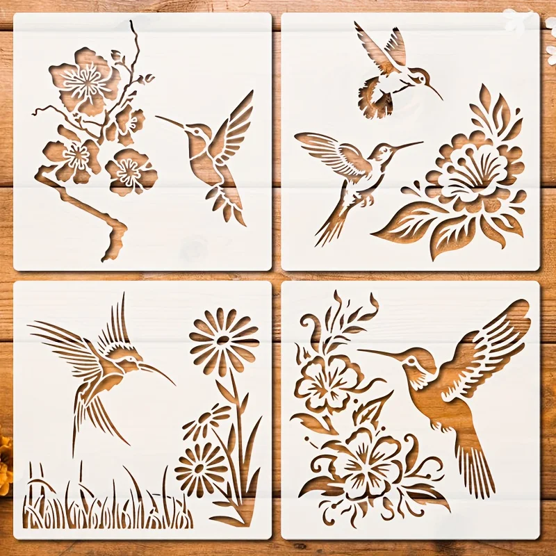 4PCS Hummingbird Floral Stencil Templates 11.8 Inch Square Drawing Stencils for DIY Art Journal Craft