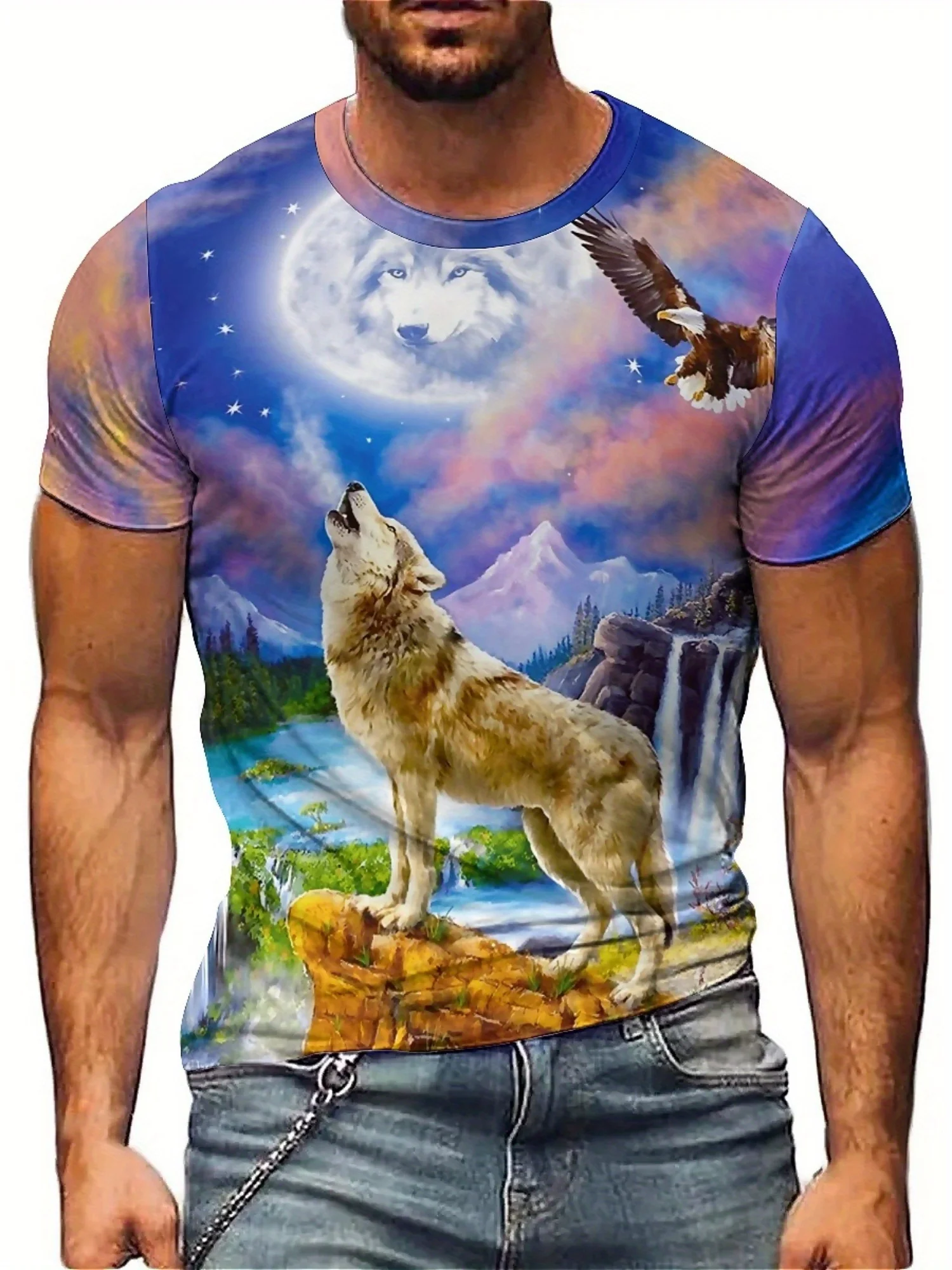 

Men'S Plus Size T-Shirt with 3D Wolf and Eagle Print - Soft, Comfortable Polyester, Short Sleeve, Casual Crew Neck