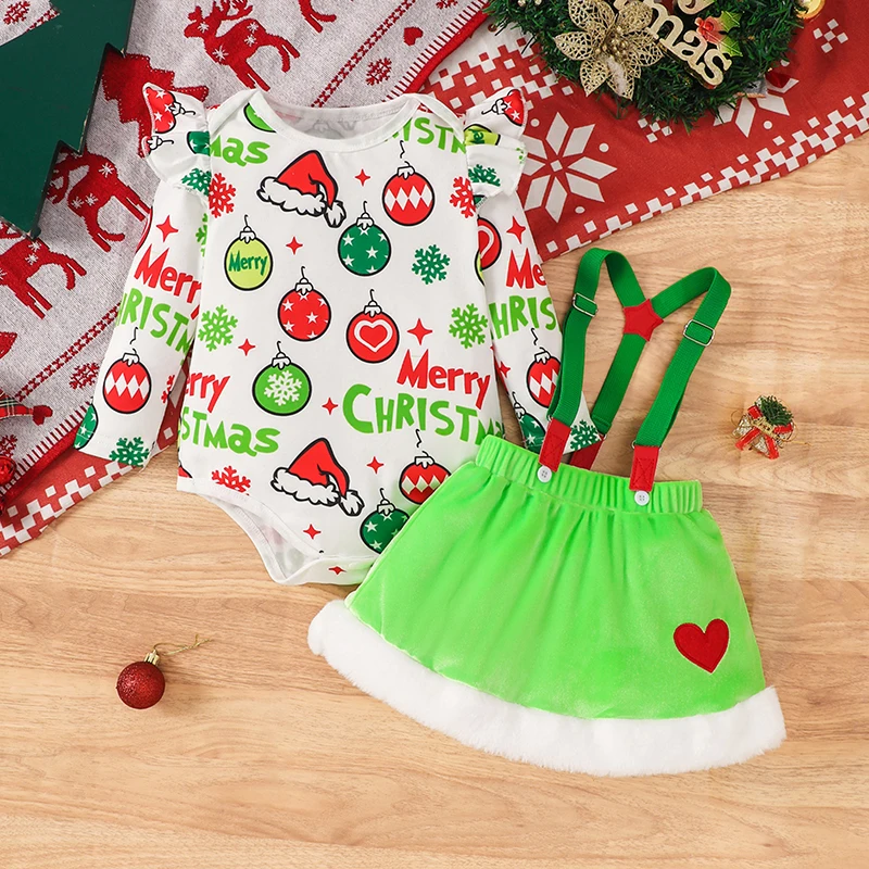 

Toddler Baby Girls 2PCS Christmas Skirt Sets Flying Sleeve Santa Hat Print Romper Suspender Skirt Sets Party Cosplay costume