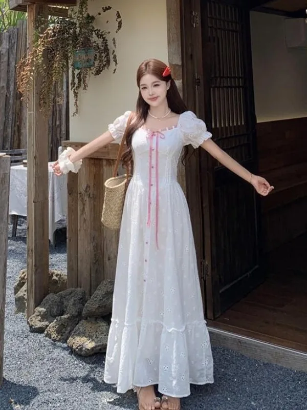 

plus Size Women's Gentle Style White Hollow Embroidery Short Sleeve Dress Summer New Waist Cinching Belly Covering Long Dress
